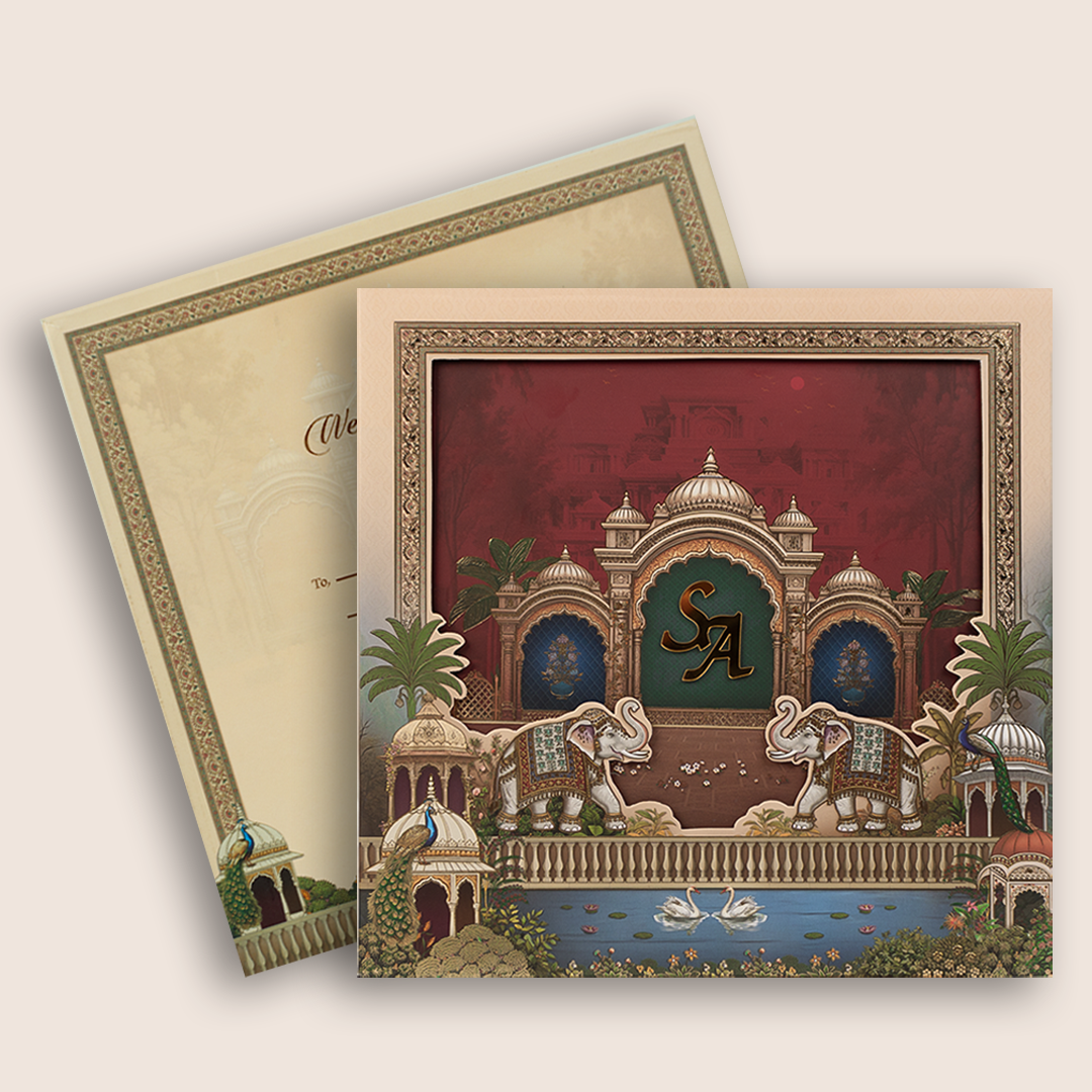 Maroon Elephant Laser Cut Padded Wedding Card - KRB10610