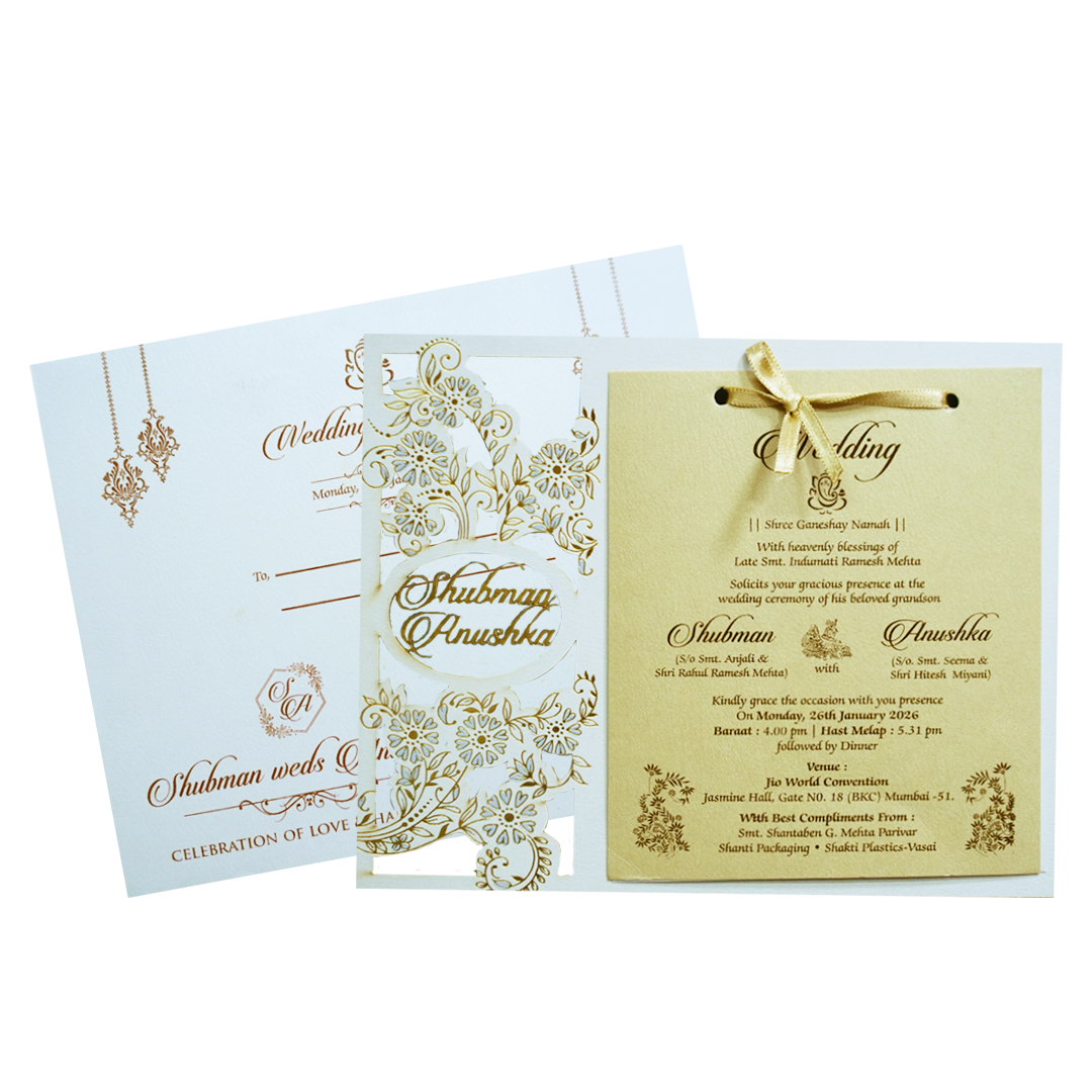White &amp; Gold Floral Laser Cut MDF Wedding Card-KRB09161