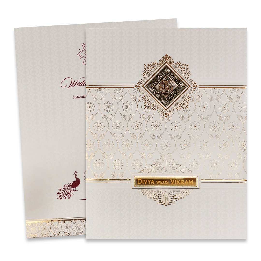 White Gold Floral Padded Wedding Card-KNMS9307
