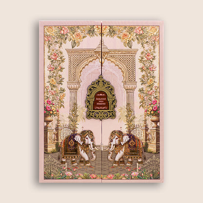 Pink Floral Elephant Padded Door Style Wedding Card - KSH73740