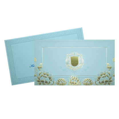 Blue Lotus Gold Foil Luxury Wedding Invitation Card KPR24590