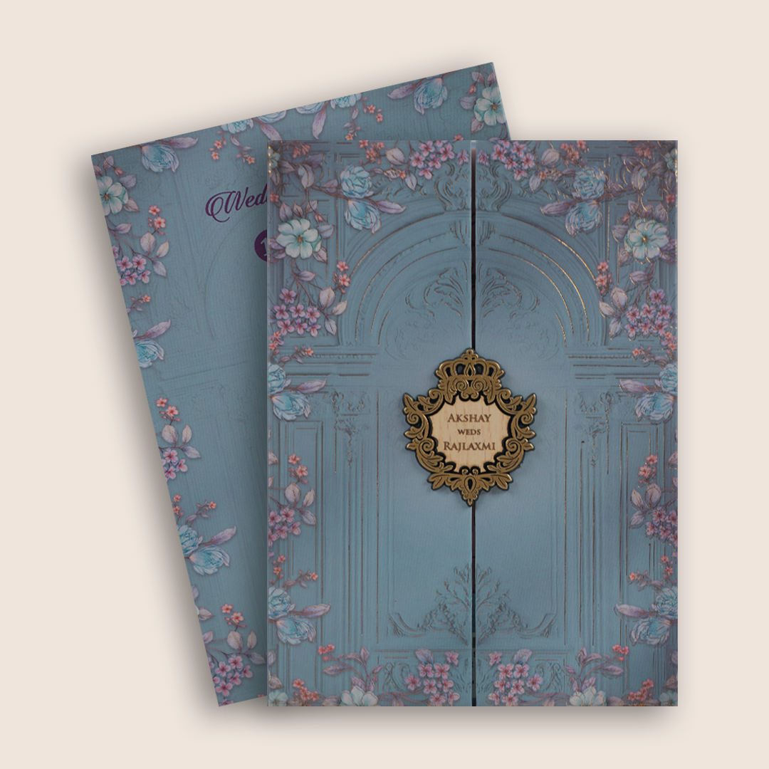 Pastel Blue Floral Door Style Padded Invitation Card - KJTS1929
