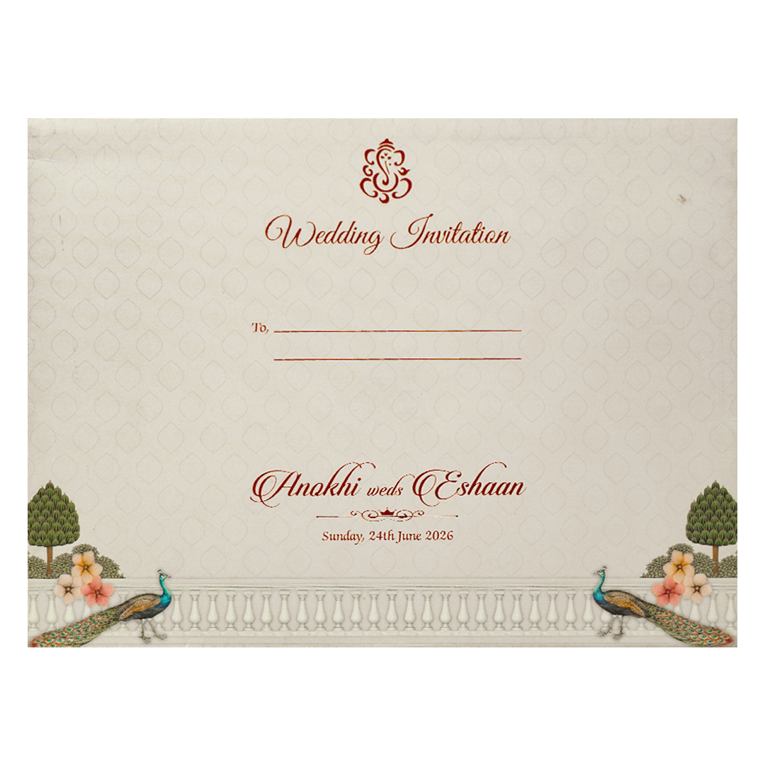 Cream Peacock Laser Cut Wedding Card-KJTS3682