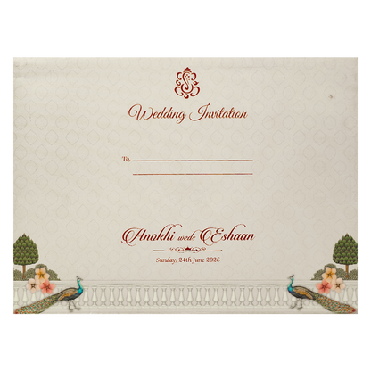 Cream Peacock Laser Cut Wedding Card-KJTS3682