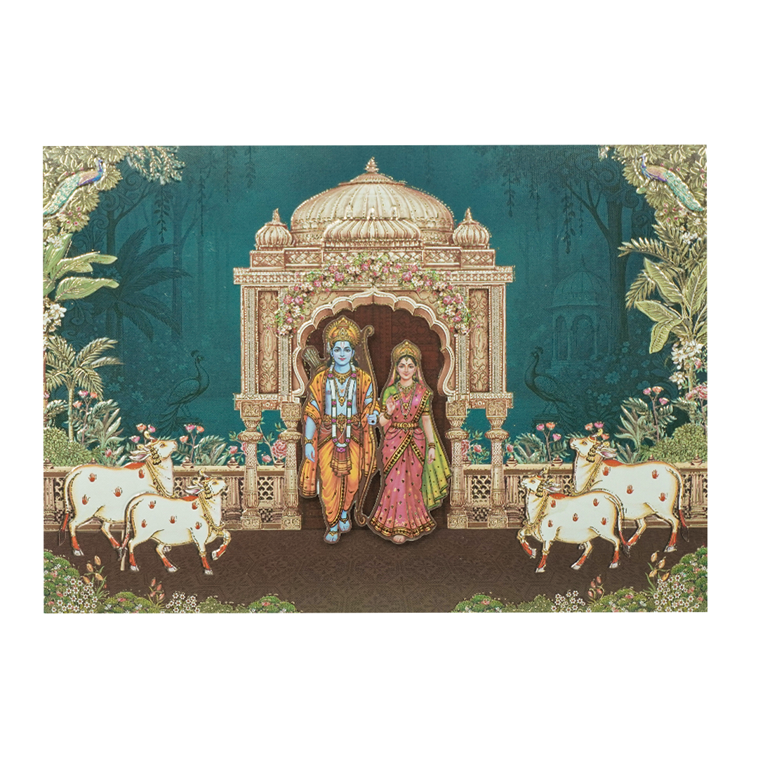Navy Blue Ram Sita Mandir Bag Style Wedding Card-KSI6517R