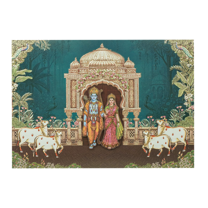 Navy Blue Ram Sita Mandir Bag Style Wedding Card-KSI6517R