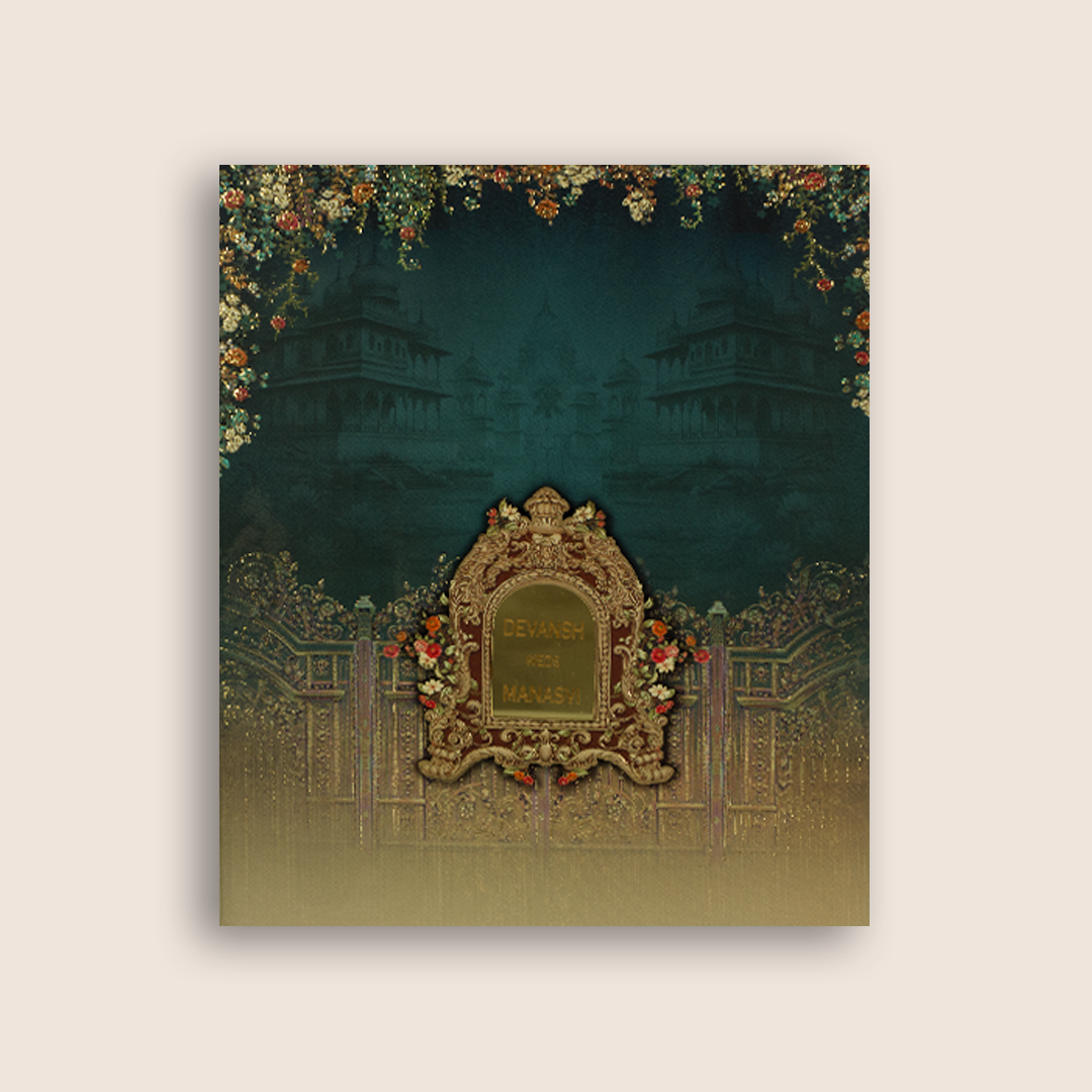Teal Blue Floral Palace Luxury Wedding Invitation Box - KSI32810