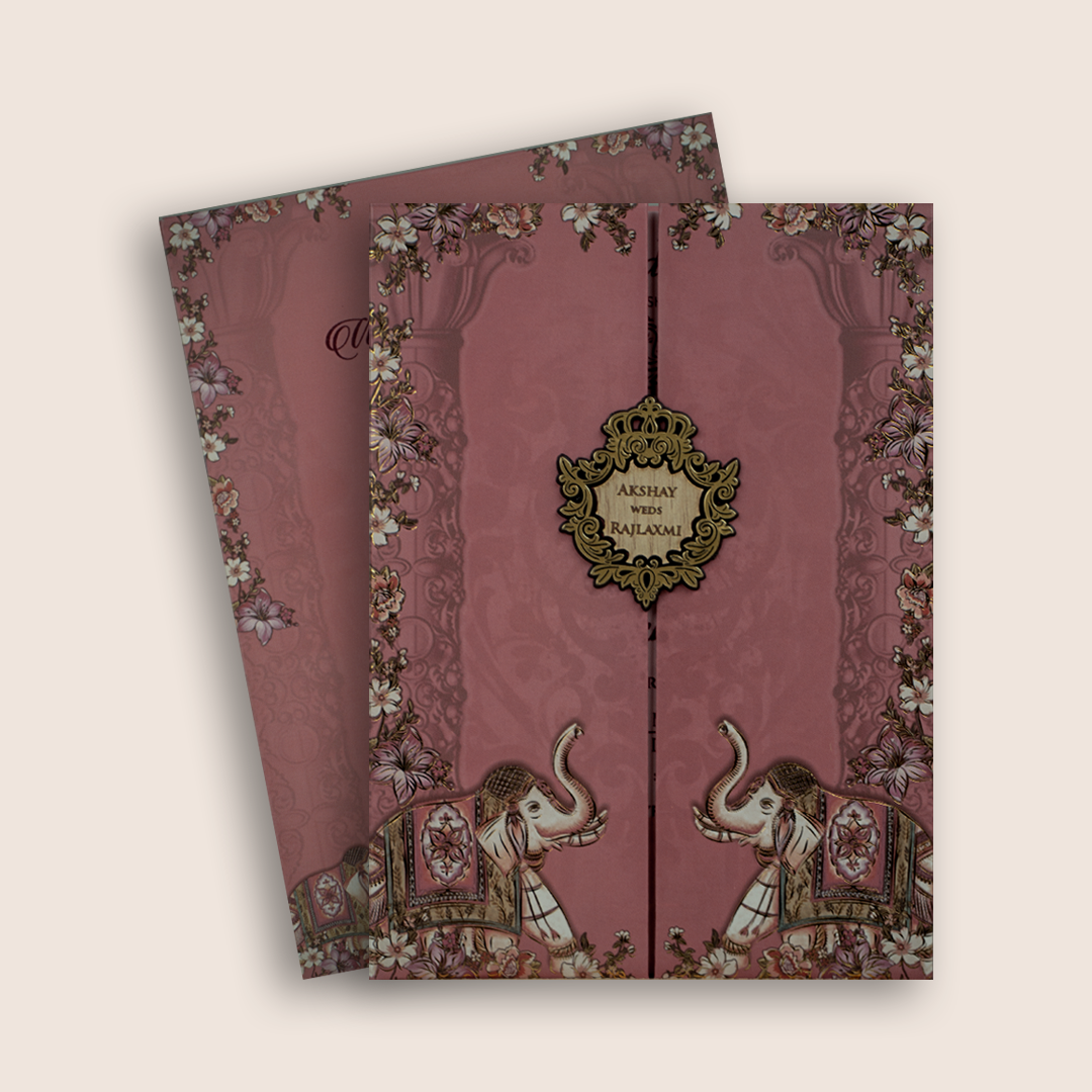 Pink Royal Elephant Padded Door Style Wedding Card - KJTS1821
