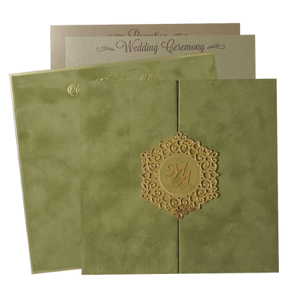 Check out Green Gatefold Padded Wedding Card at best price.WhatsApp Support |Express Delivery. | King of Cards.