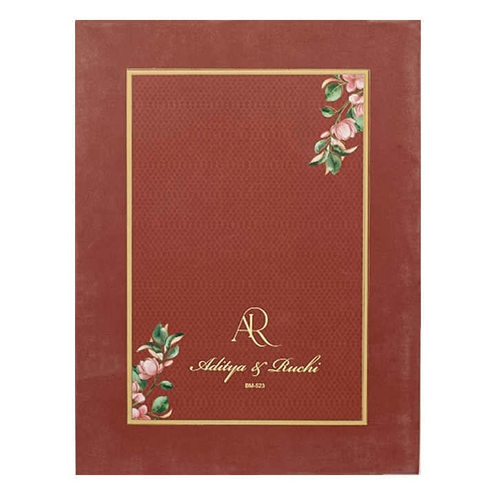 Maroon Green Leaf Padded Wedding Card-KBM05230