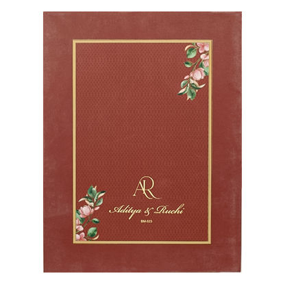 Maroon Green Leaf Padded Wedding Card-KBM05230