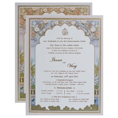 Green Gold Radha Krishna 3D Palace Padded Wedding Card-KMMEX8160