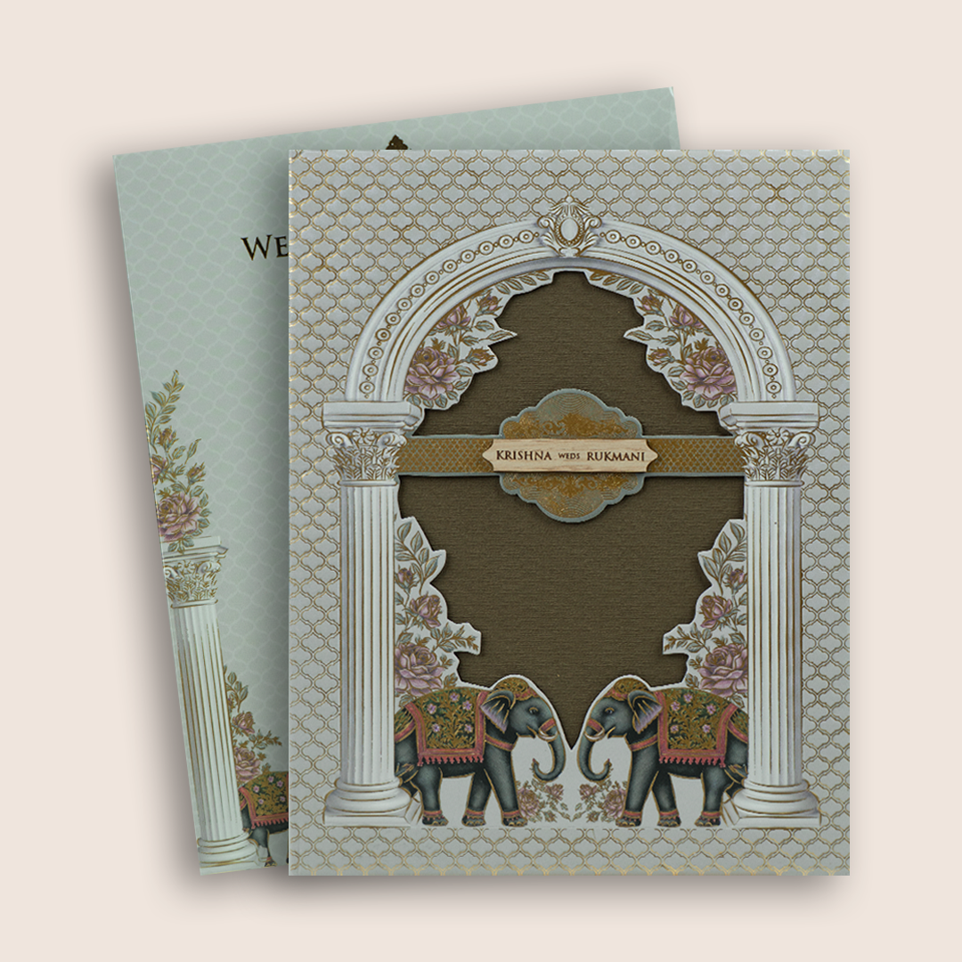 Grey Elephant Floral Laser Cut Padded Wedding Card - KJTS1939
