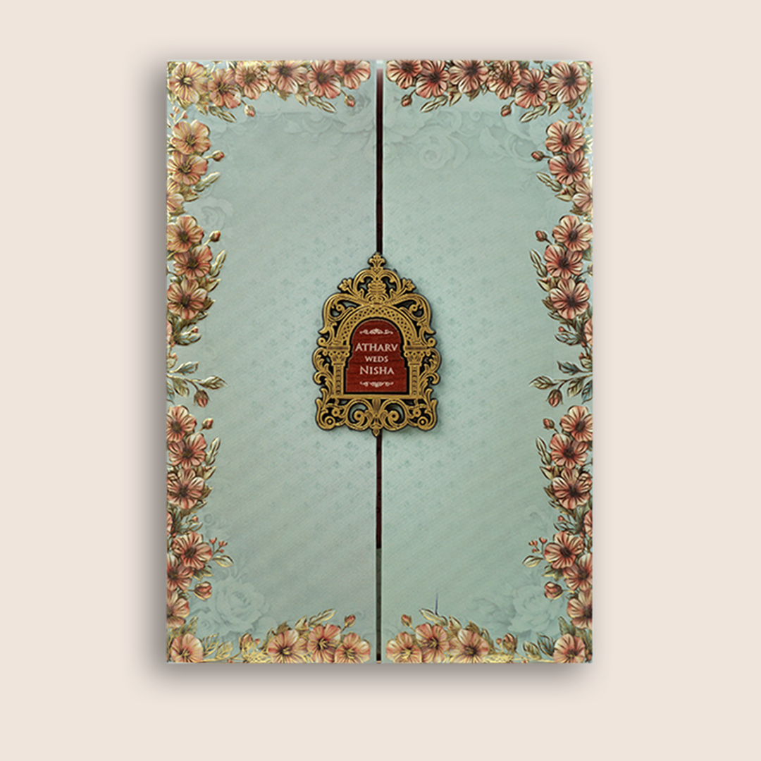 Olive Green Floral Door Style Padded Wedding Card - KVN07770