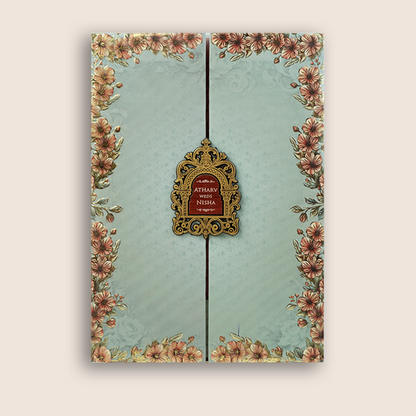 Olive Green Floral Door Style Padded Wedding Card - KVN07770