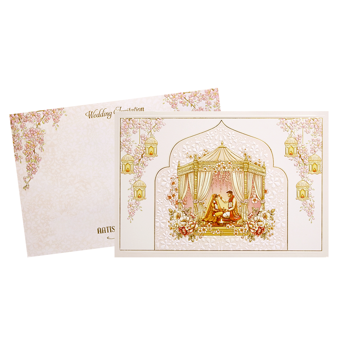 Cream Gold Mandap Floral Padded Wedding Card-KMMWD1146