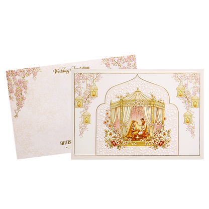 Cream Gold Mandap Floral Padded Wedding Card-KMMWD1146