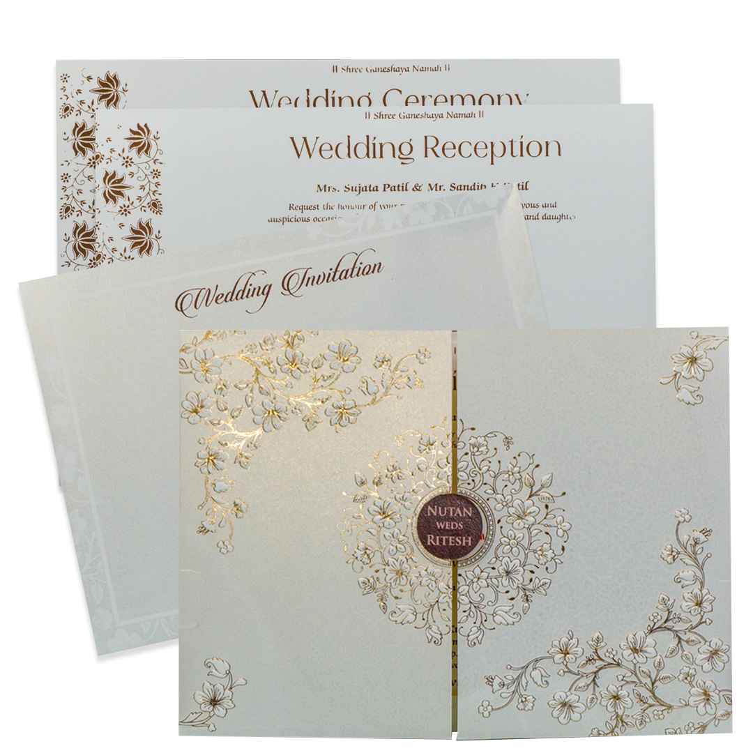 White Floral Embossed Padded  Wedding Invitation - KRE28590