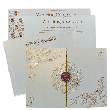 White Floral Embossed Padded  Wedding Invitation - KRE28590