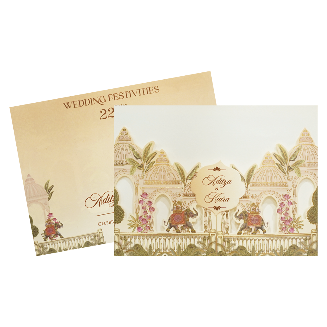 Cream Palace Elephant Procession Openable Wedding Card - KFR16430
