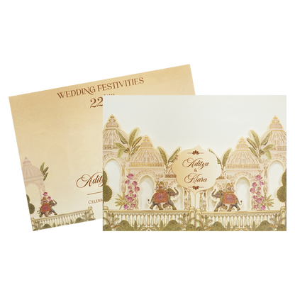 Cream Palace Elephant Procession Openable Wedding Card - KFR16430
