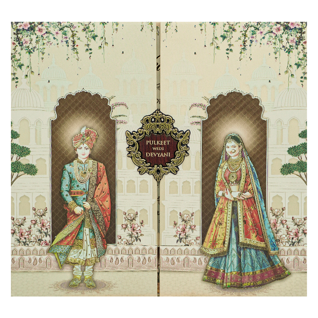 Cream Royal Couple Palace Padded Wedding Card-KJTS1818