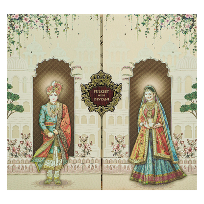 Cream Royal Couple Palace Padded Wedding Card-KJTS1818