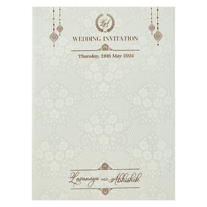 White Ganesha Floral Border Padded Wedding Card-KRE26410