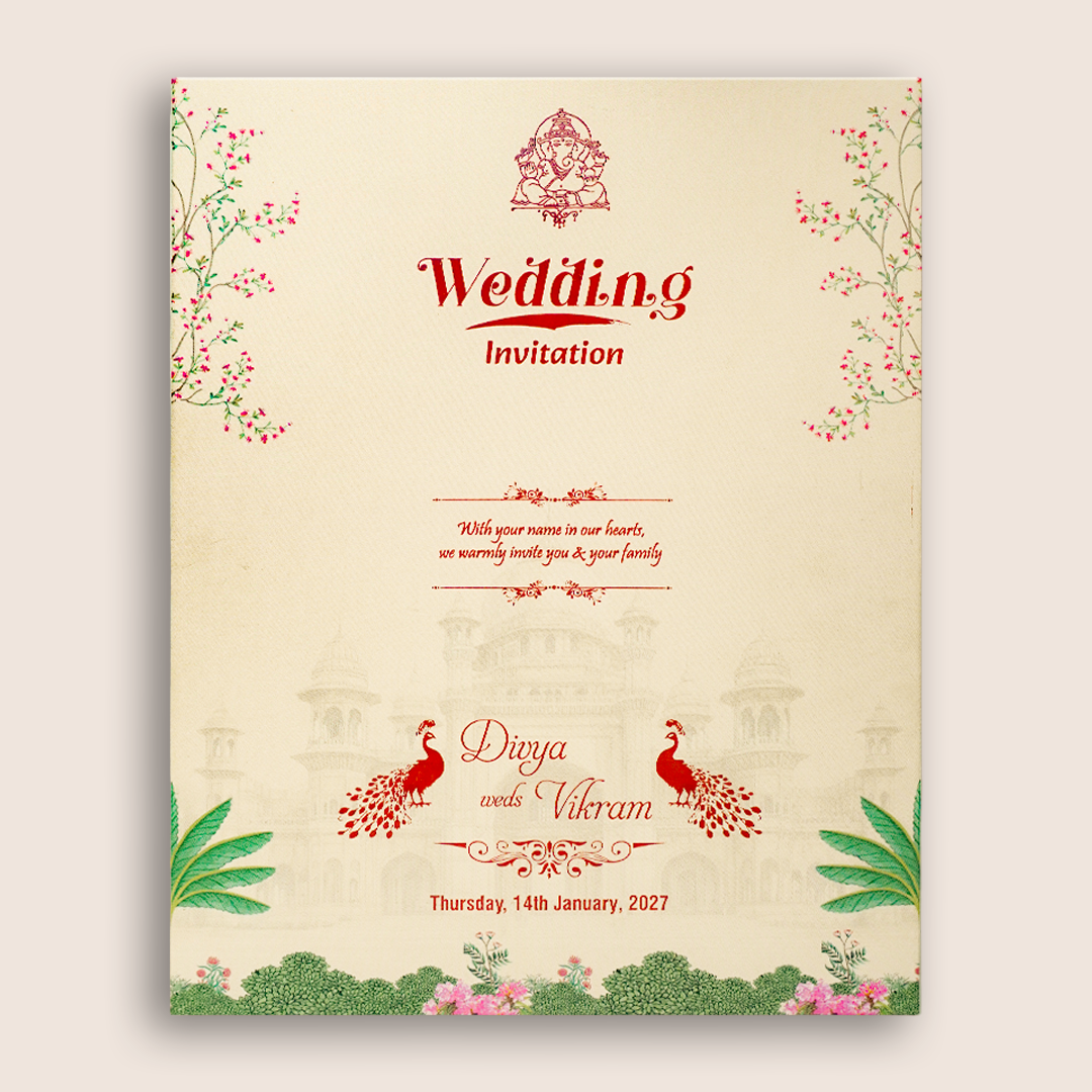 Pink Padded Peacock Palace Wedding Card-KNKN6320