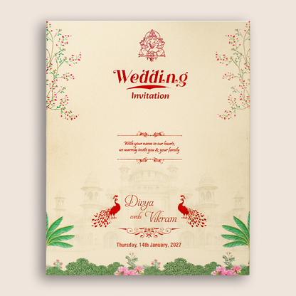 Pink Padded Peacock Palace Wedding Card-KNKN6320