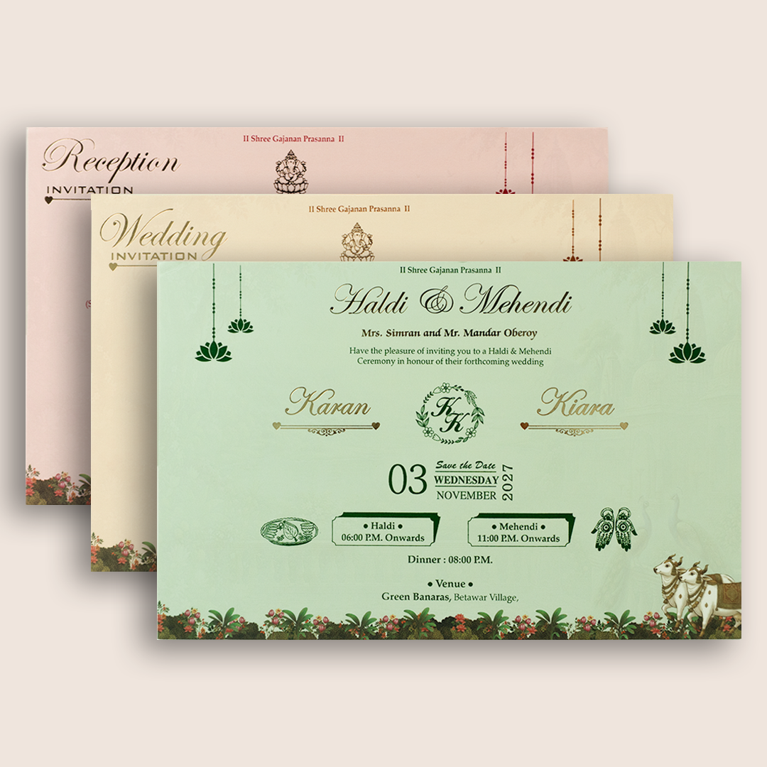 Green Lord Krishna Radha Padded Wedding Card - KSH18820