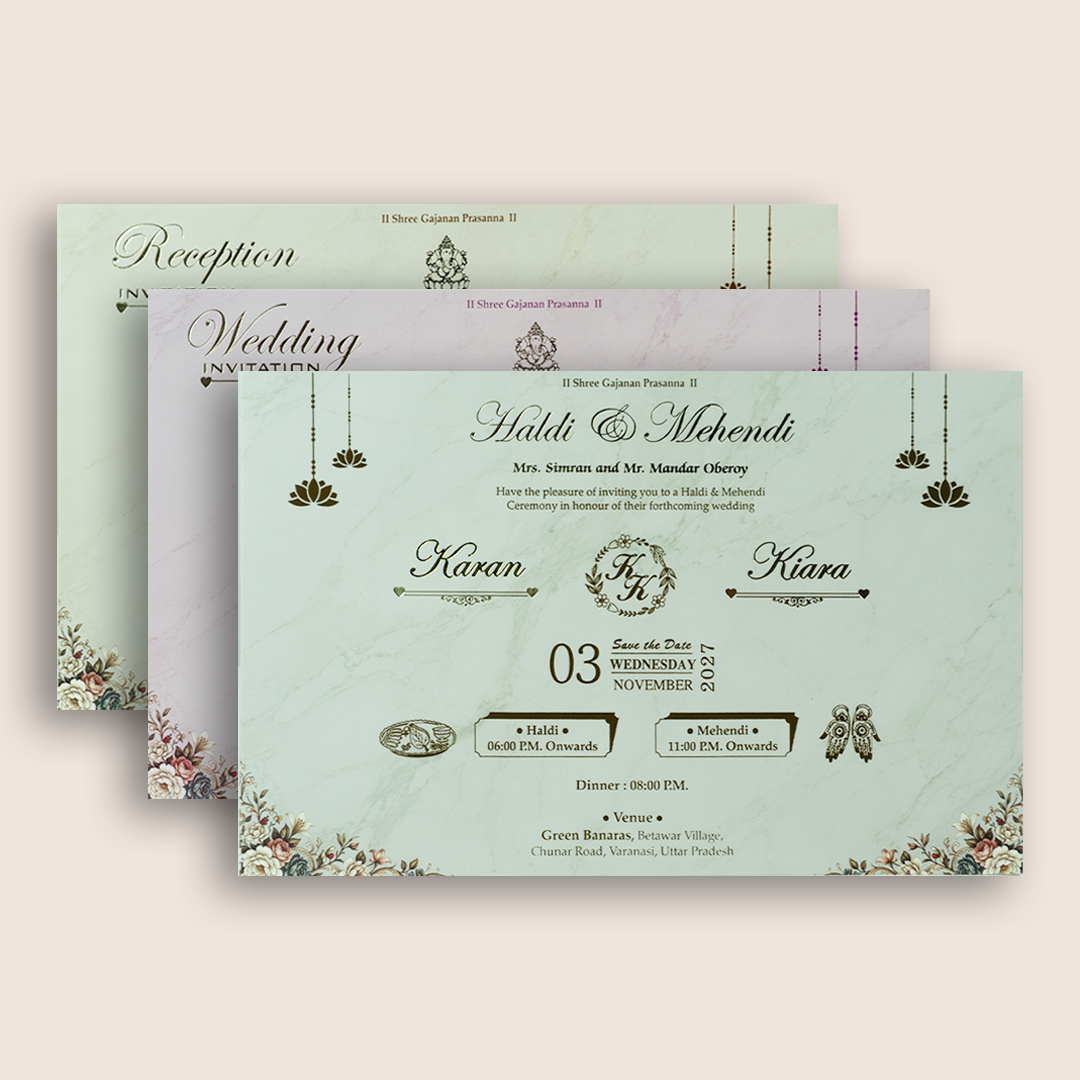 Beige Lord Ganesha Padded Door Style Wedding Card - KSH18160