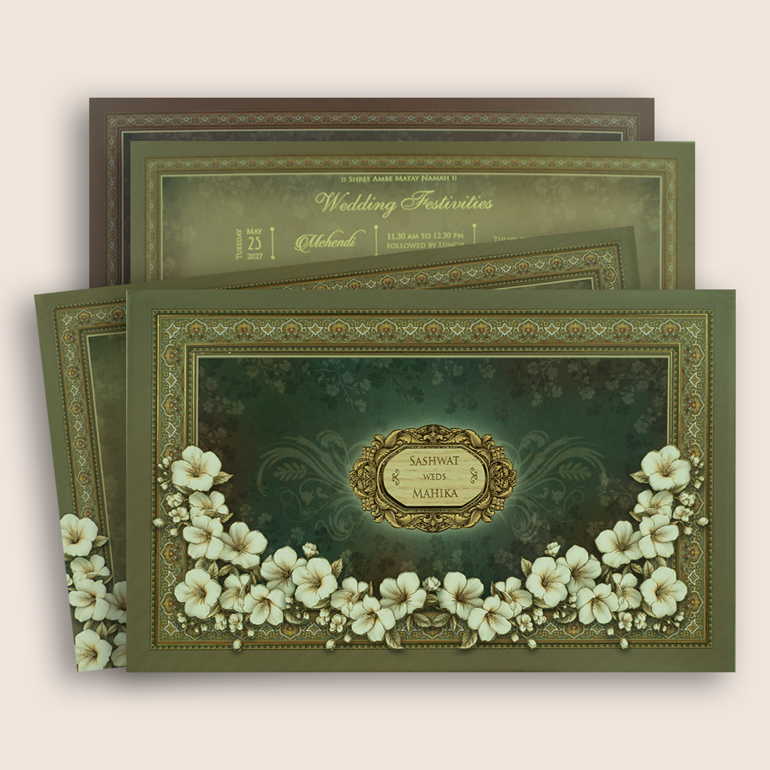 Teal Green Floral Padded Wedding Card - KRE28840