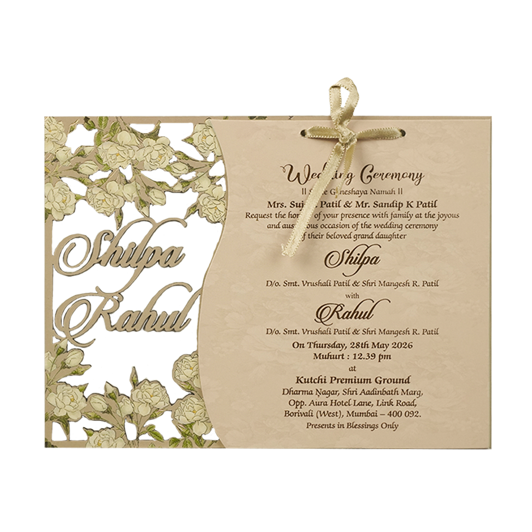 Cream Ivory Floral Ribbon Wedding Card-KRE26730