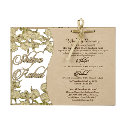 Cream Ivory Floral Ribbon Wedding Card-KRE26730
