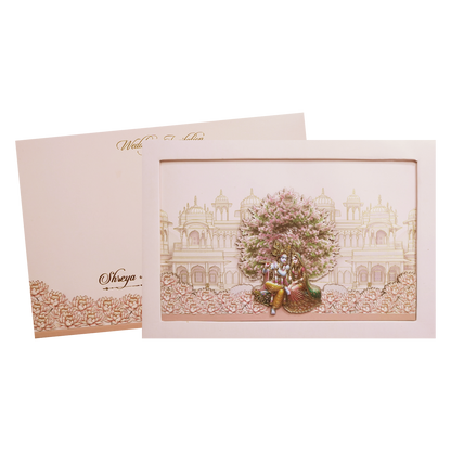 Pink Radha Krishna  Padded Palace Wedding Card -KMMEX8210