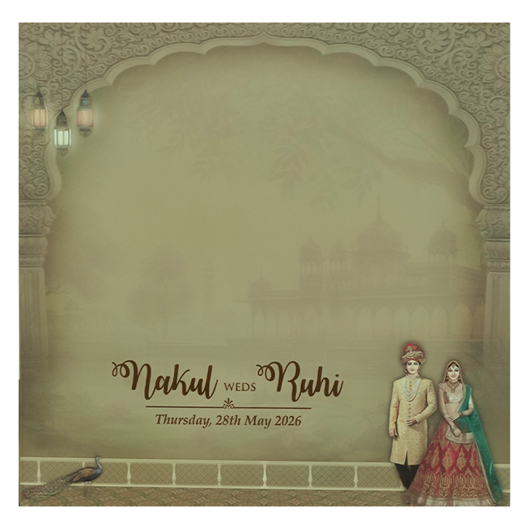 Green Royal Couple Palace Padded Wedding card-KRE27910