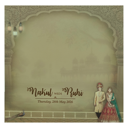 Green Royal Couple Palace Padded Wedding card-KRE27910