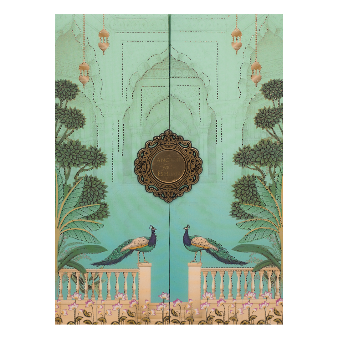 Green Peacock Door Style Padded Wedding Card-KJTS3660