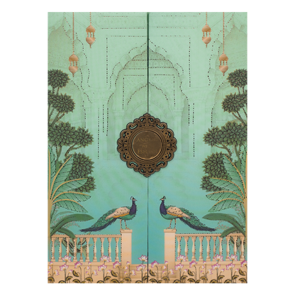 Green Peacock Door Style Padded Wedding Card-KJTS3660