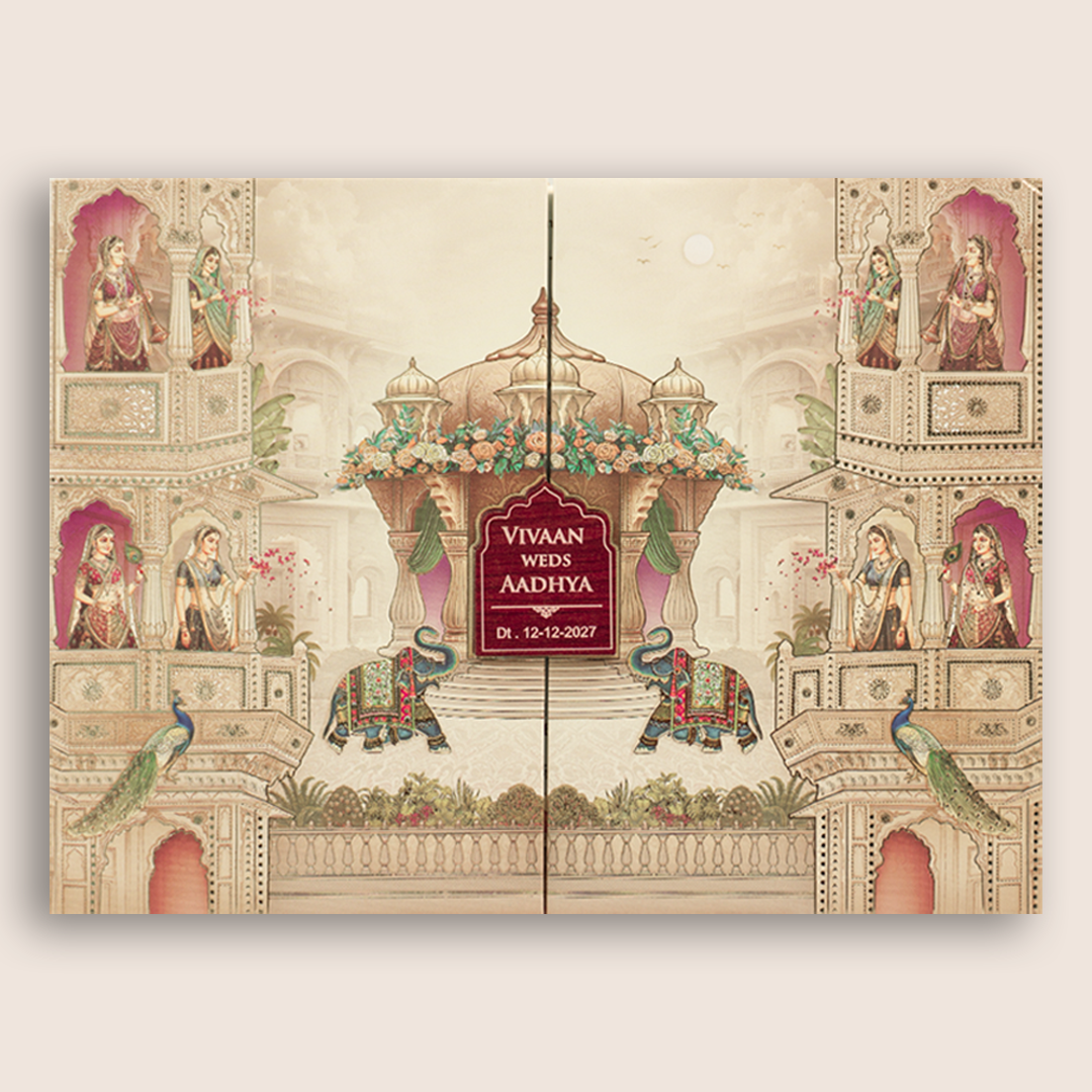 Beige Palace Padded Door Style Wedding Card - KSH18960