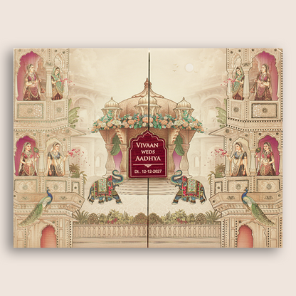 Beige Palace Padded Door Style Wedding Card - KSH18960