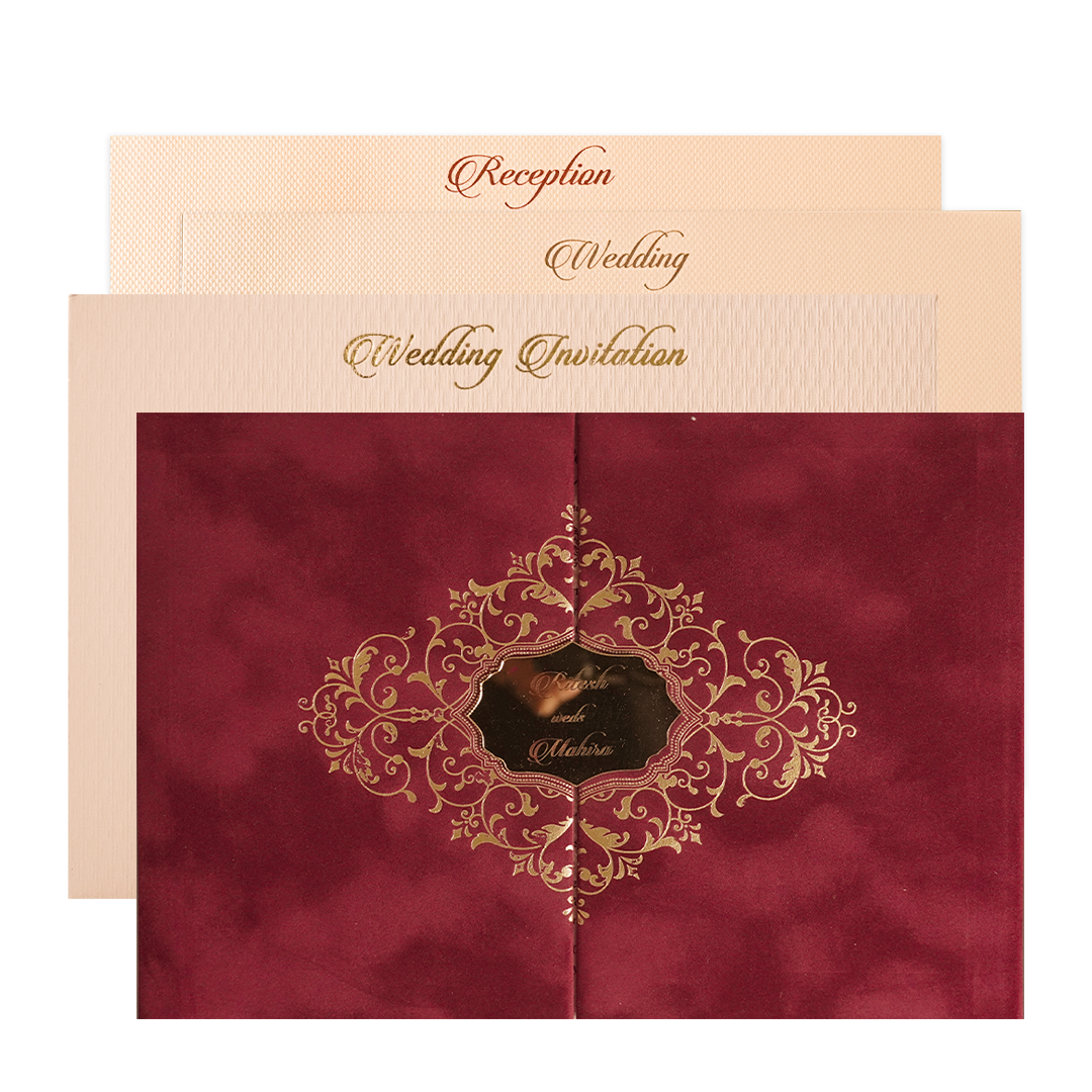 Maroon Gatefold Emblem Padded Wedding Card-KMMWD1164