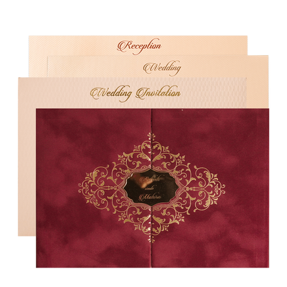 Maroon Gatefold Emblem Padded Wedding Card-KMMWD1164