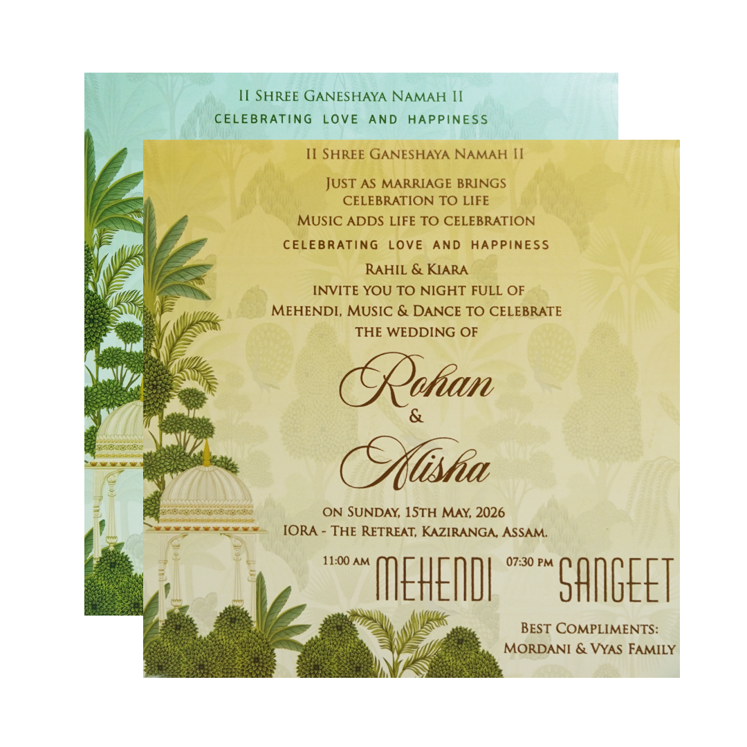 Mint Green Palace Peacock Wedding Card-KFR15350