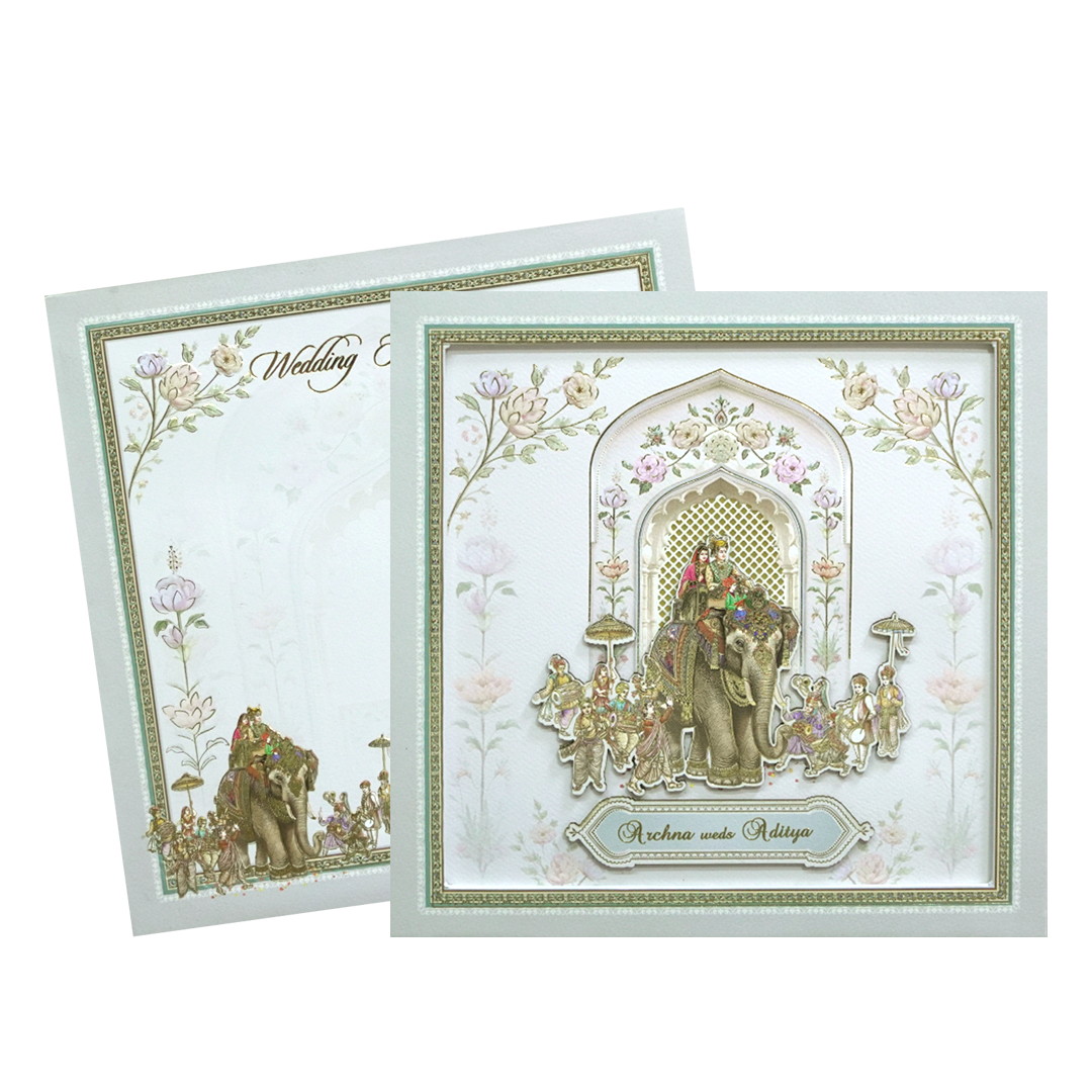 Grey &amp; Gold 3D Padded Elephant Procession Wedding Card-KMMEX8060