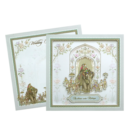 Grey &amp; Gold 3D Padded Elephant Procession Wedding Card-KMMEX8060