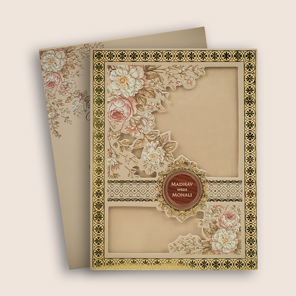 Cream Floral Laser Cut Padded Wedding Card - KJTS3701