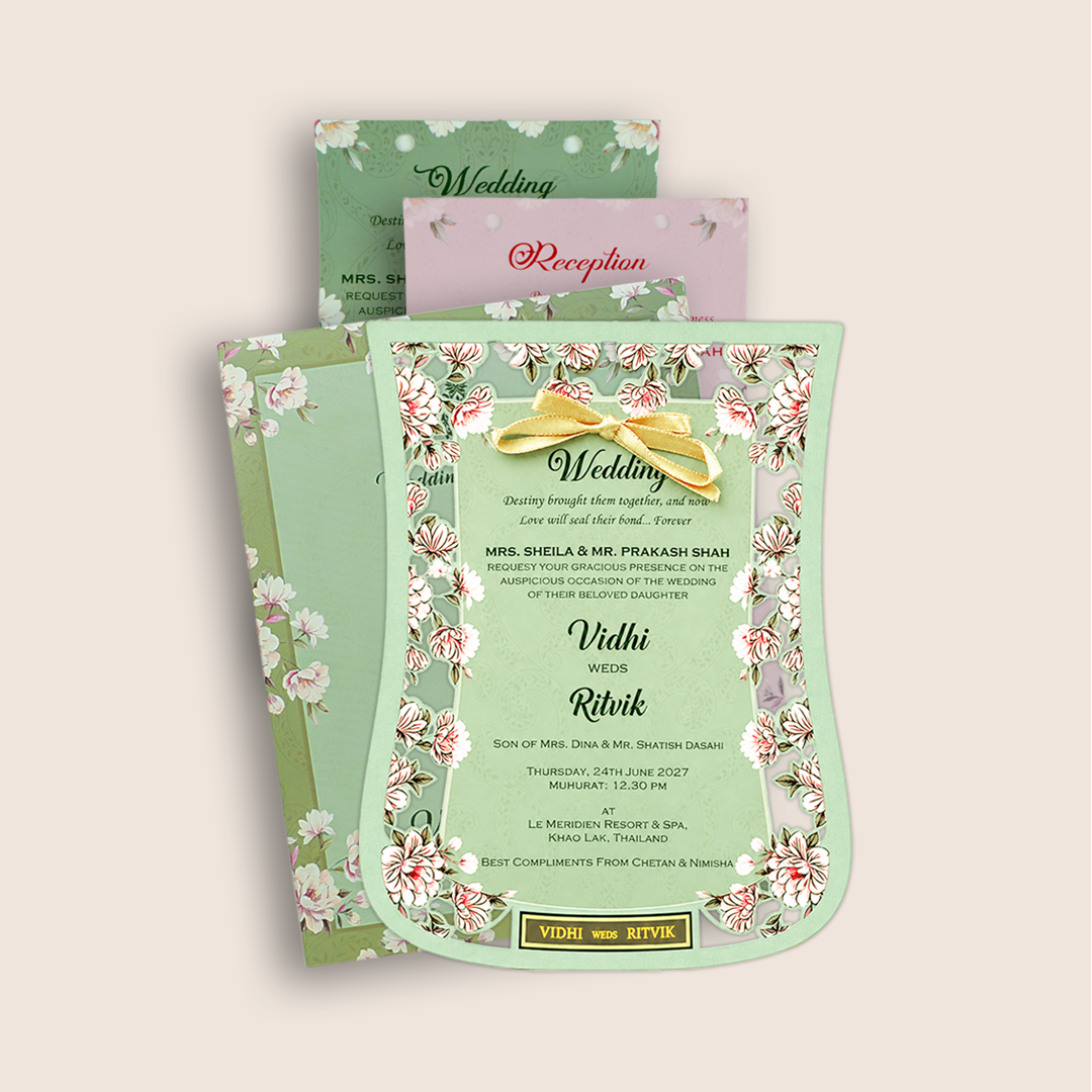 Pastel Green Laser Cut Floral wedding Card - KVN07830