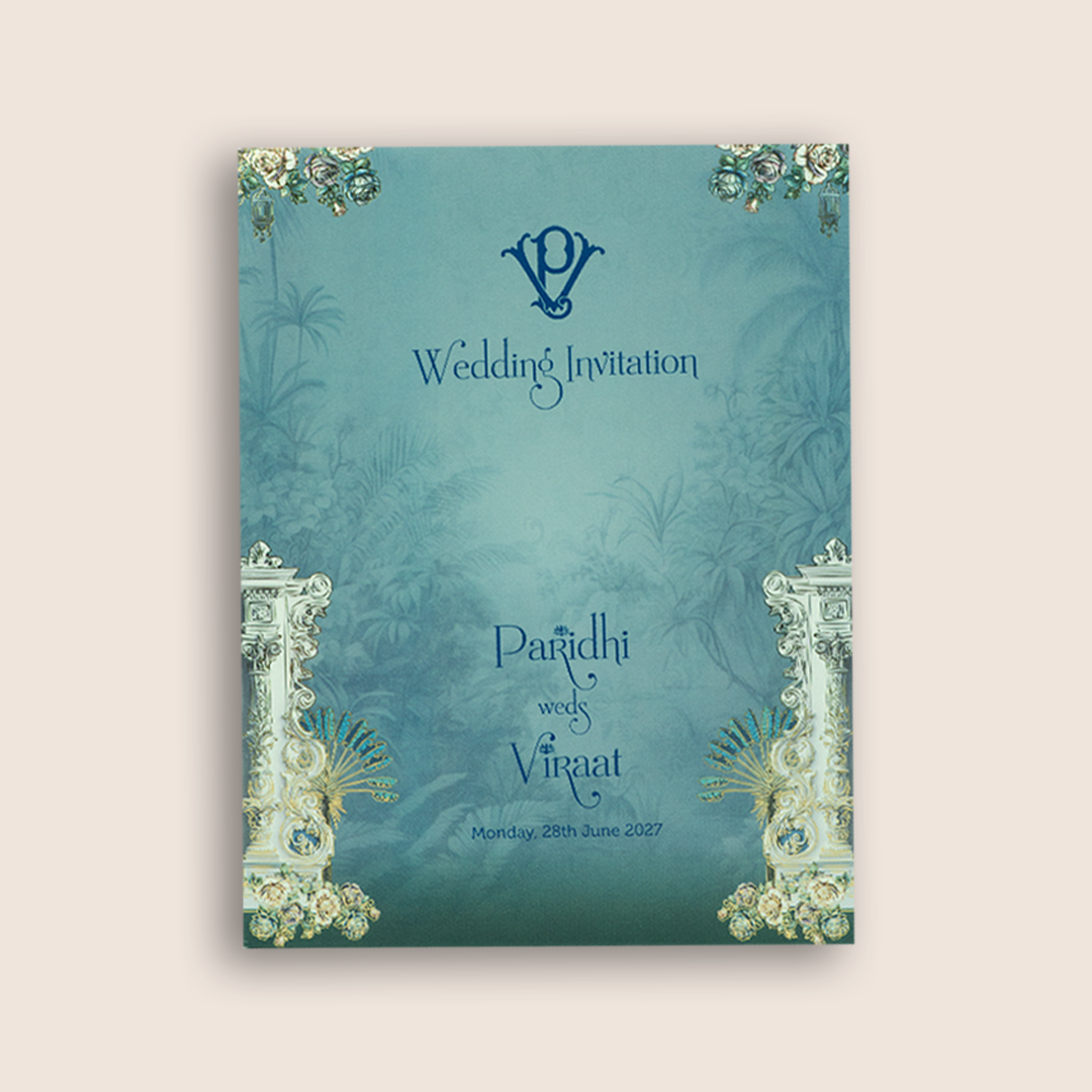 Blue Padded Floral Palace Wedding Card - KVN08010